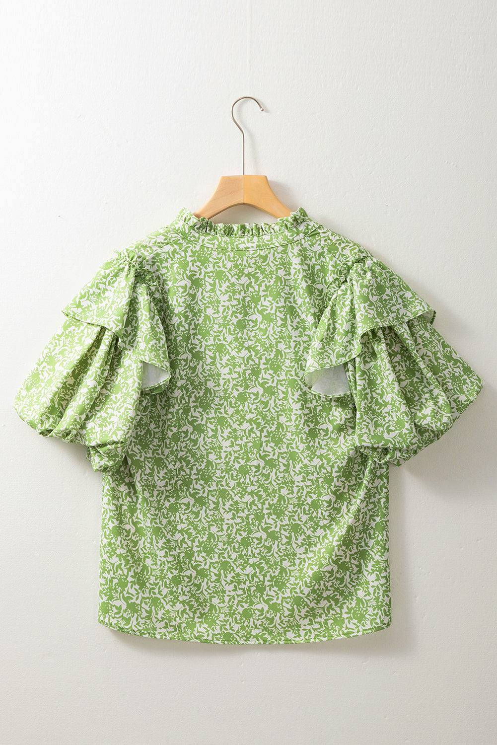 Light Green Floral Ruffle Puff Short Sleeve Frilled Collar V Neck Blouse