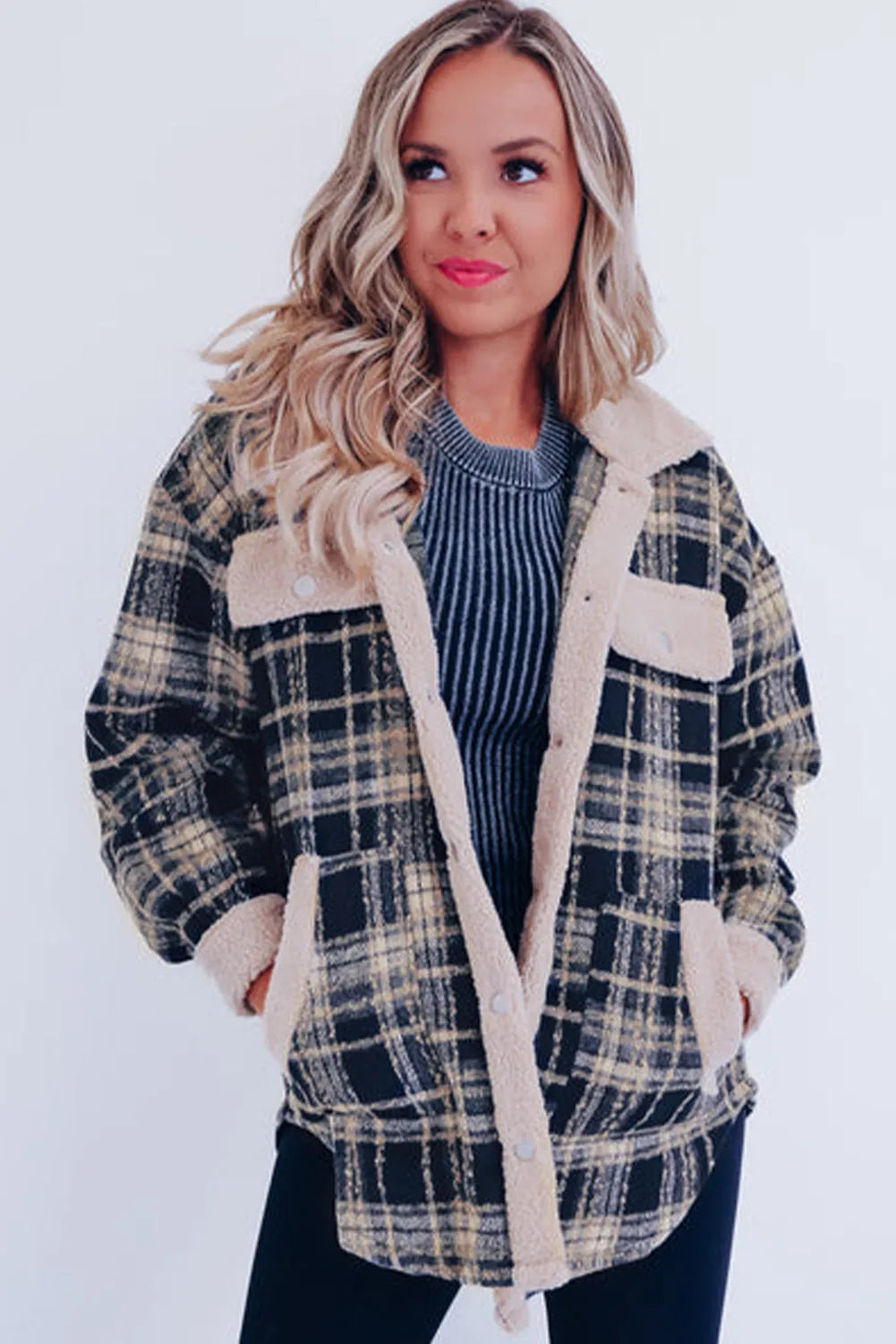 Multicolor Plaid Contrast Sherpa Flap Pocket Snap Button Shacket - Chic Meadow Boutique 