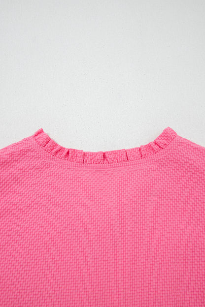 Sachet Pink Frilled V Neck Flower Embroidered Puff Sleeve Textured Blouse