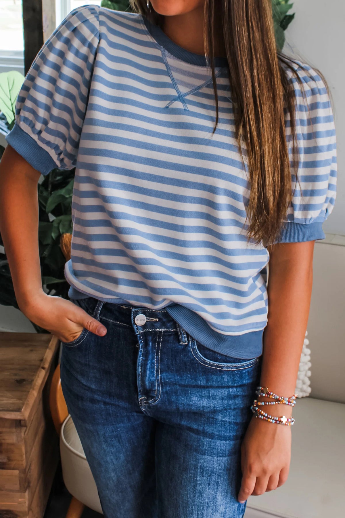 Sky Blue Stripe Short Bubble Sleeve T Shirt