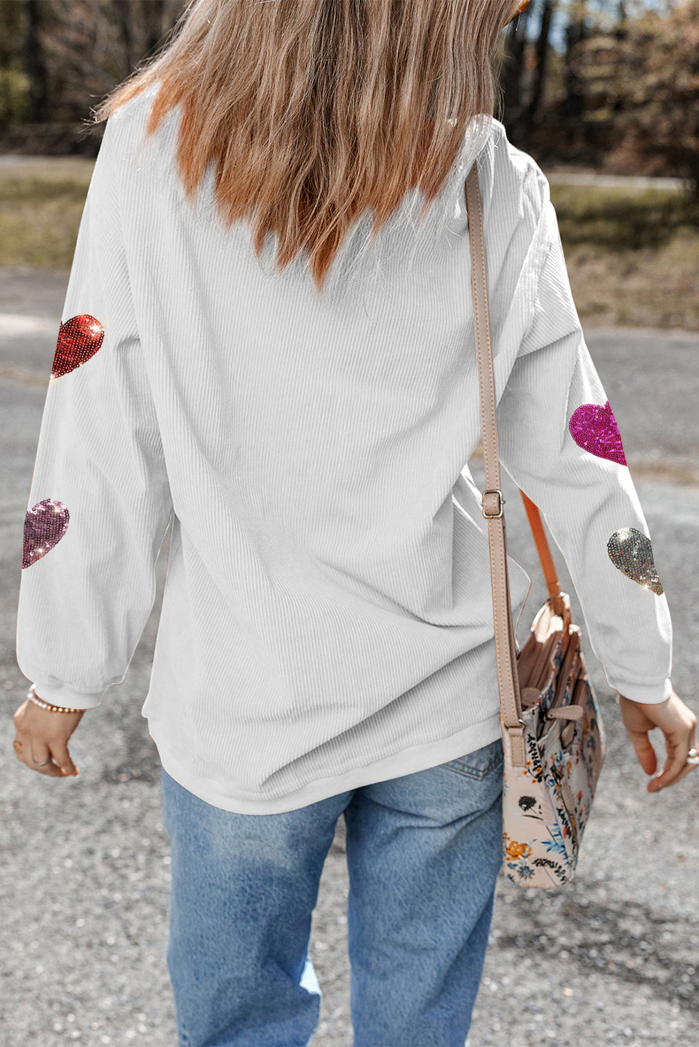 White Valentines Heart Patched Pattern Corded Pullover Sweatshirt