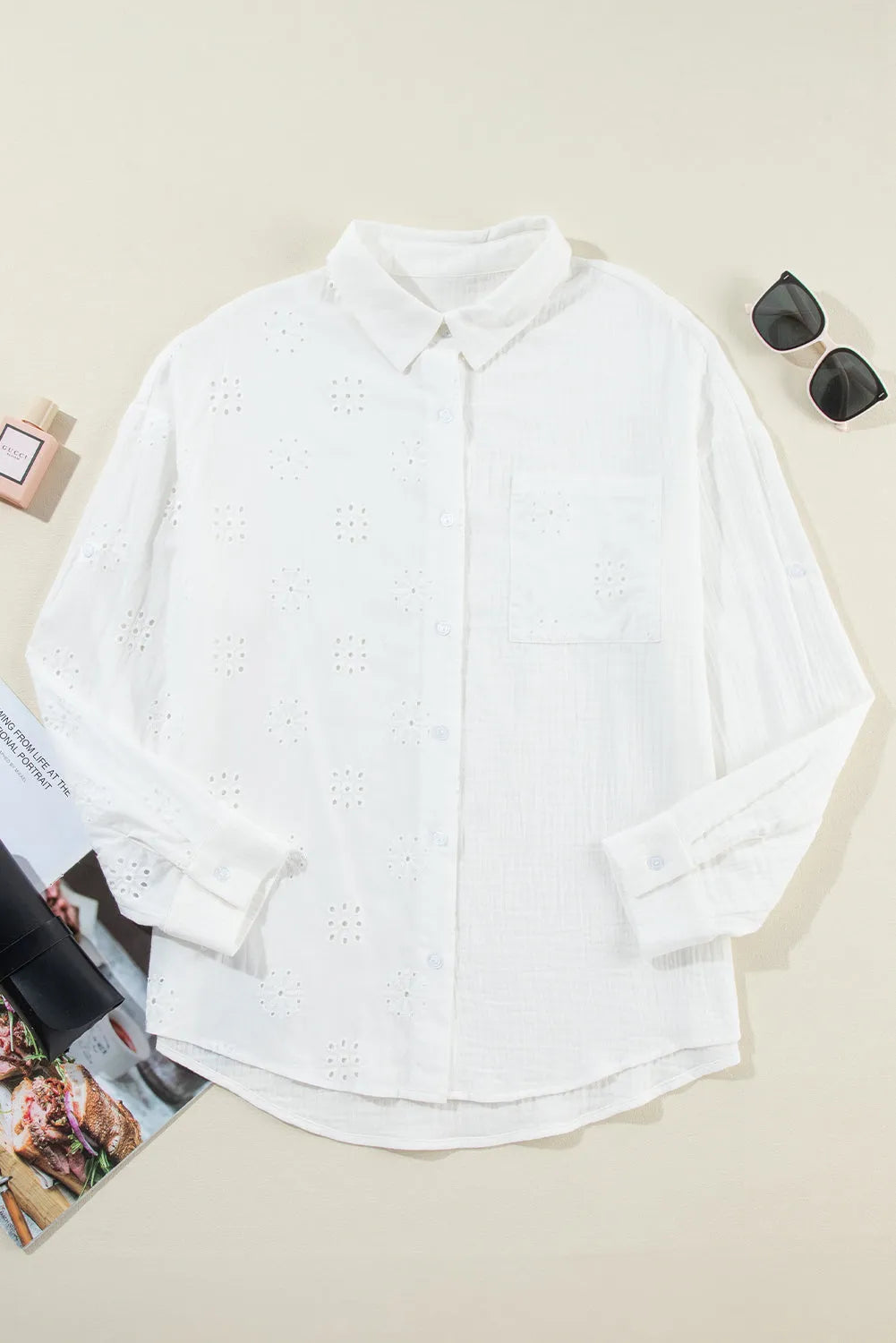 White Broidered Anglaise Crinkle Loose Shirt - Chic Meadow Boutique 