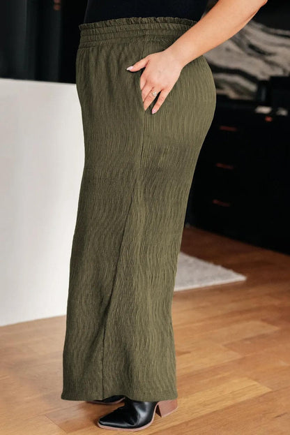 Plus Size/Plus Size Bottoms Jungle Green Plus Size Textured Shirred High Waist Casual Pants