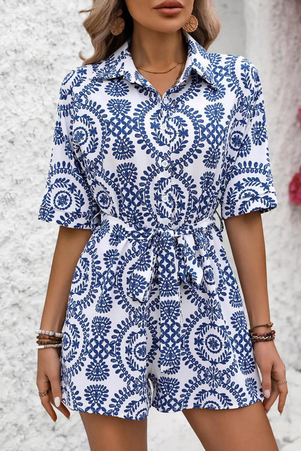 Blue Mandala Printed Short Sleeve Belted Shirt Romper - Chic Meadow Boutique 