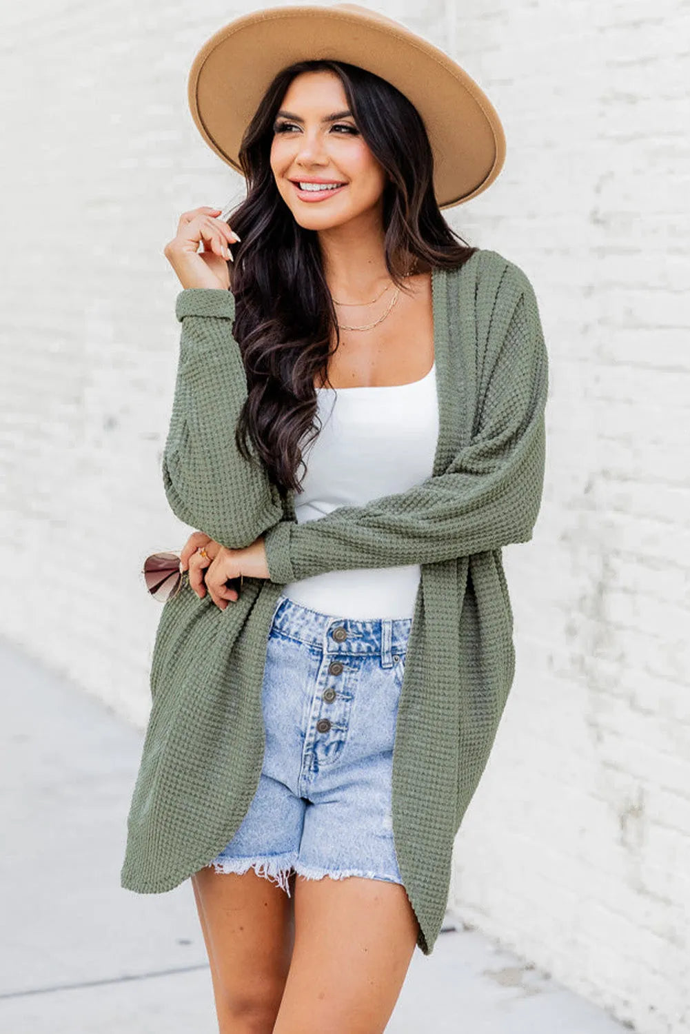 Laurel Green Waffle Knit Open Front Cardigan - Chic Meadow Boutique 