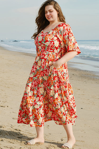 Orange Floral V Neck Flutter Sleeve Cinched Waist Long Plus Size Dress