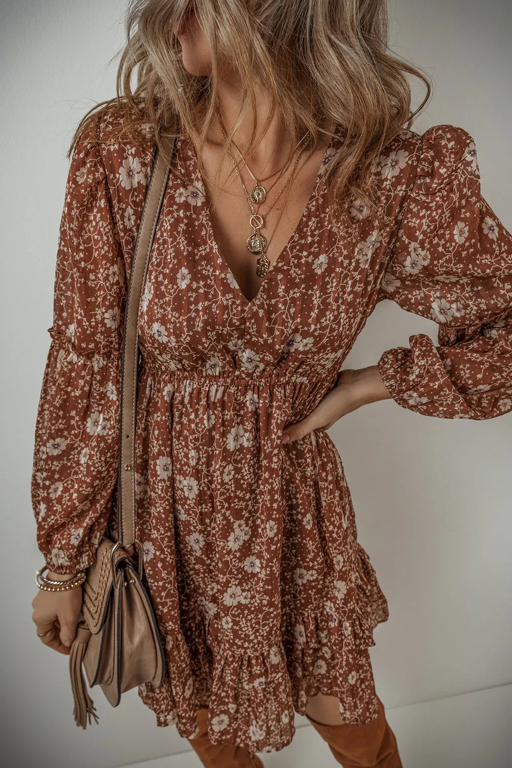 Brown Boho Floral Ruffled Puff Sleeve V Neck Mini Dress - Chic Meadow Boutique 