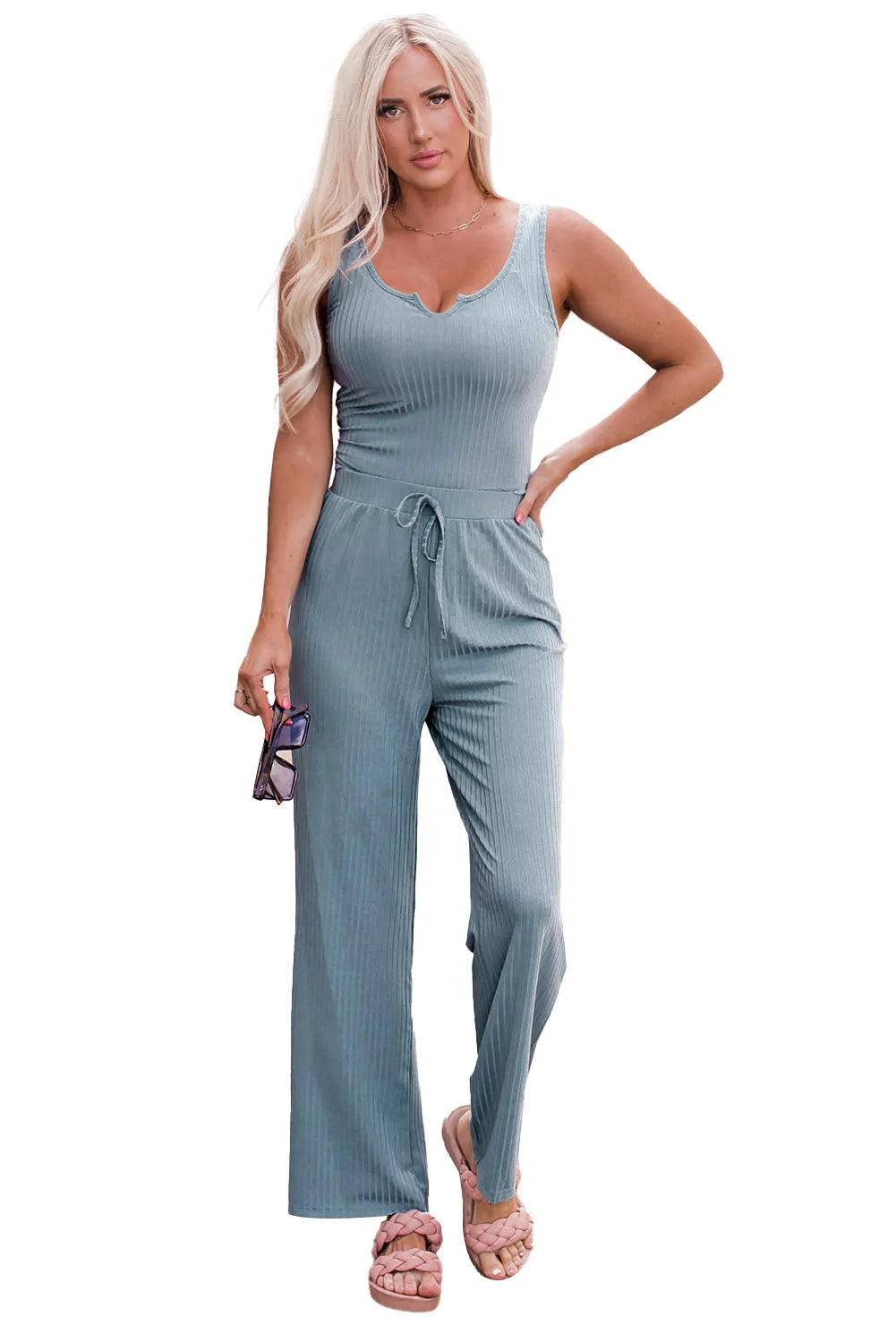 Blue Ribbed Crop Tank Drawstring Lounge Pants Set - Chic Meadow Boutique 