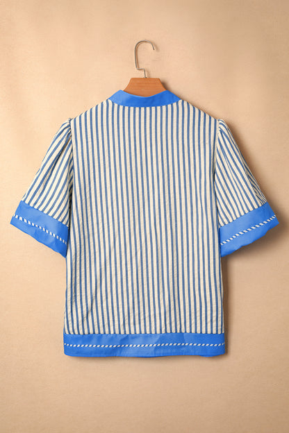 Sky Blue Stripe Color Block Detail V Neck Short Sleeve Blouse