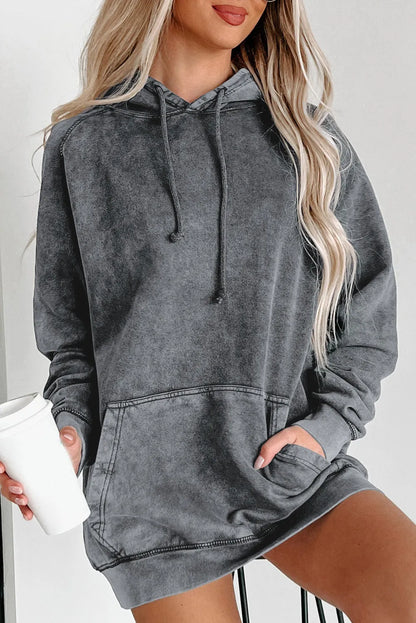 Gray Mineral Wash Kangaroo Pocket Drawstring Pullover Hoodie - Chic Meadow Boutique 