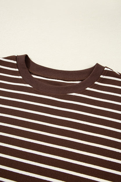 Brown Stripe Ribbed Cropped Crew Neck Long Sleeve T Shirt