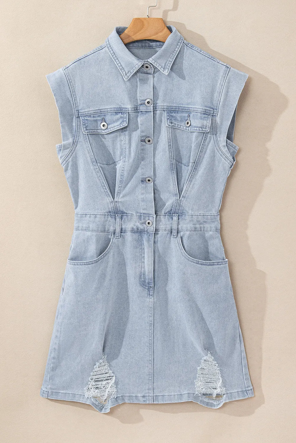 Light Blue Acid Wash Flap Pockets Frayed Denim Dress - Chic Meadow Boutique 