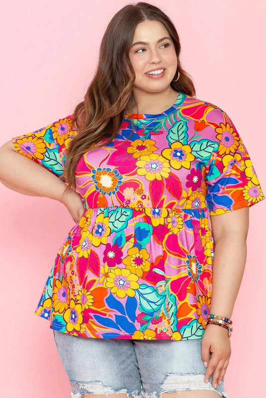 Plus Size/Plus Size Tops/Plus Size Blouses & Shirts Pink / 1X / 95%Polyester+5%Elastane Pink Floral Print Short Sleeve Plus Size Babydoll Blouse