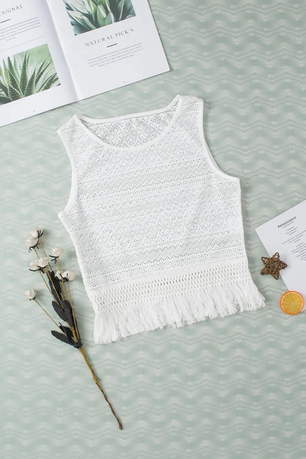 White Lace Crochet Hollow out Fringed Tank Top - Chic Meadow Boutique 