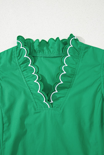 Bright Green Contrast Scallop Trim Layered Short Sleeve V Neck Blouse