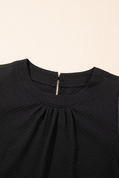 Black Feather Bubble Sleeve Patchwork Textured Blouse