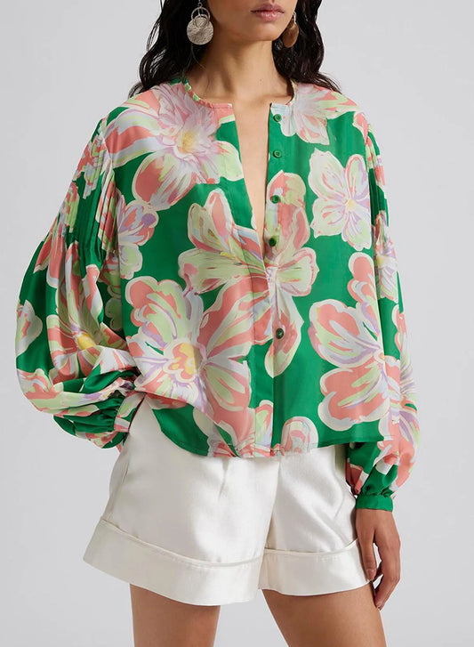 Green Floral Print Button up Pleated Puff Sleeve Loose Shirt - Chic Meadow Boutique 