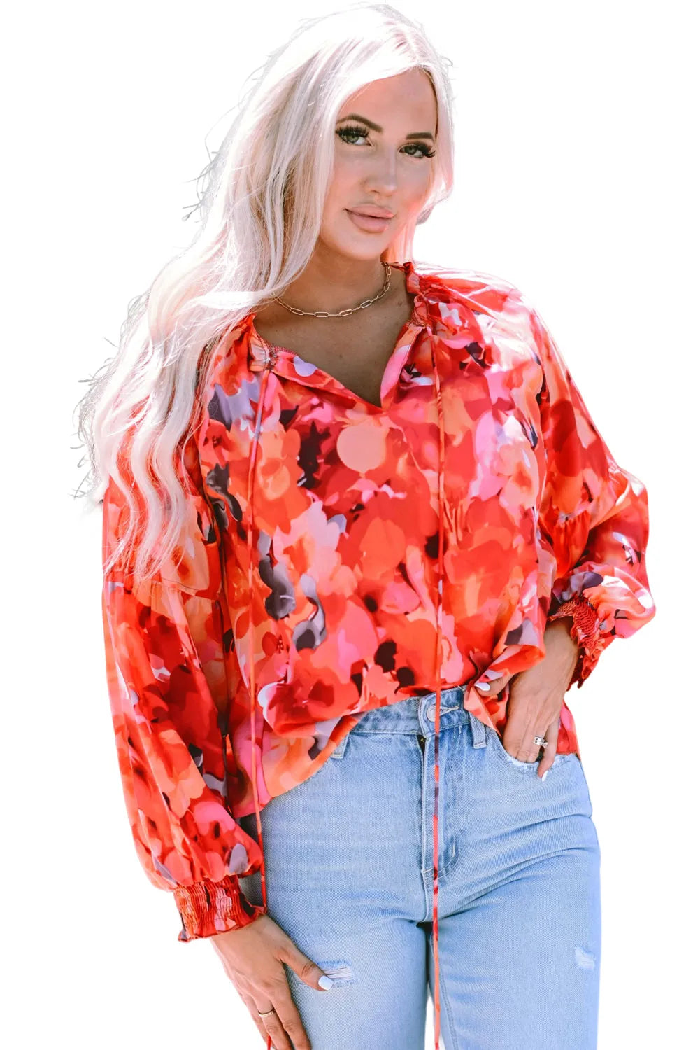 Fiery Red Floral Print Split Neck Tassel Tie Blouse - Chic Meadow Boutique 