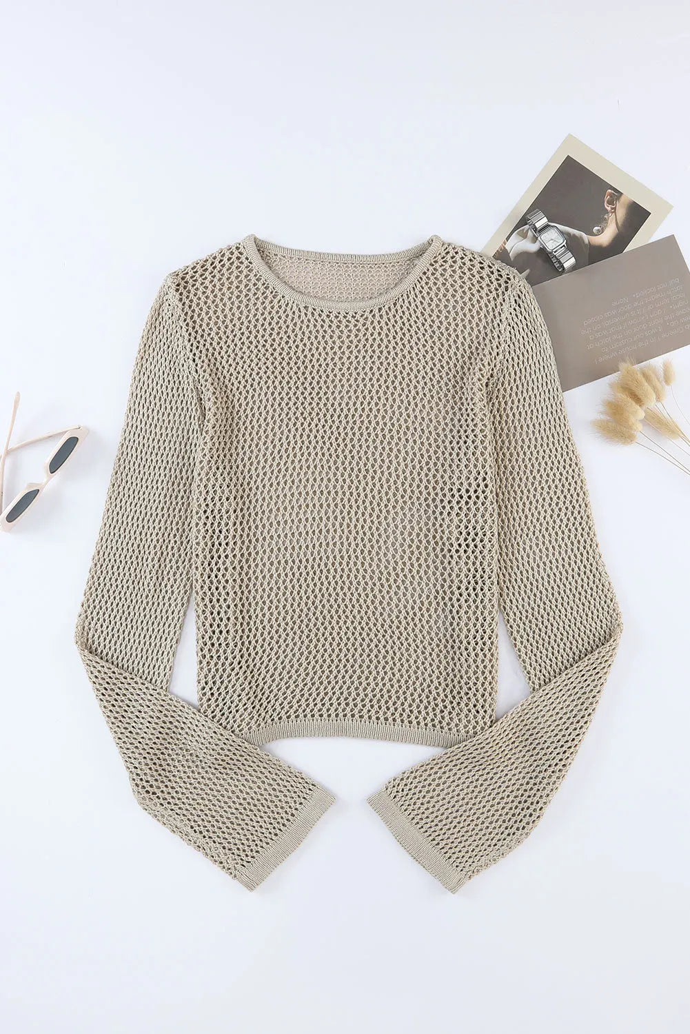 Tops/Long Sleeve Tops Khaki Hollow-out Knit Long Sleeve Top