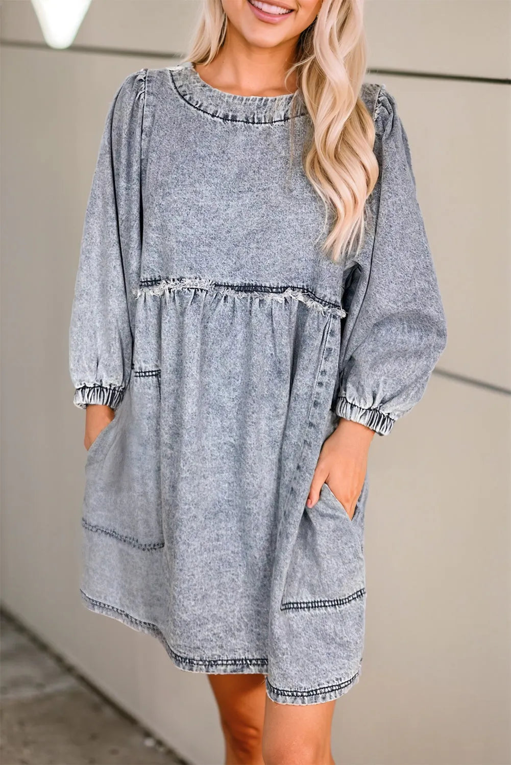 Beau Blue Light Wash High Waist Loose Fit Denim Mini Dress - Chic Meadow Boutique 