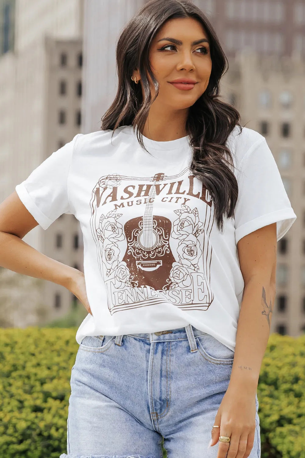 White NASHVILLE MUSIC CITY Graphic Crew Neck Tee - Chic Meadow Boutique 