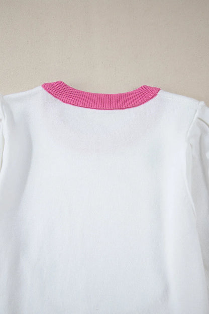 Pink Sequin Rugby Color Block Puff Short Sleeve Sweater - Chic Meadow Boutique 