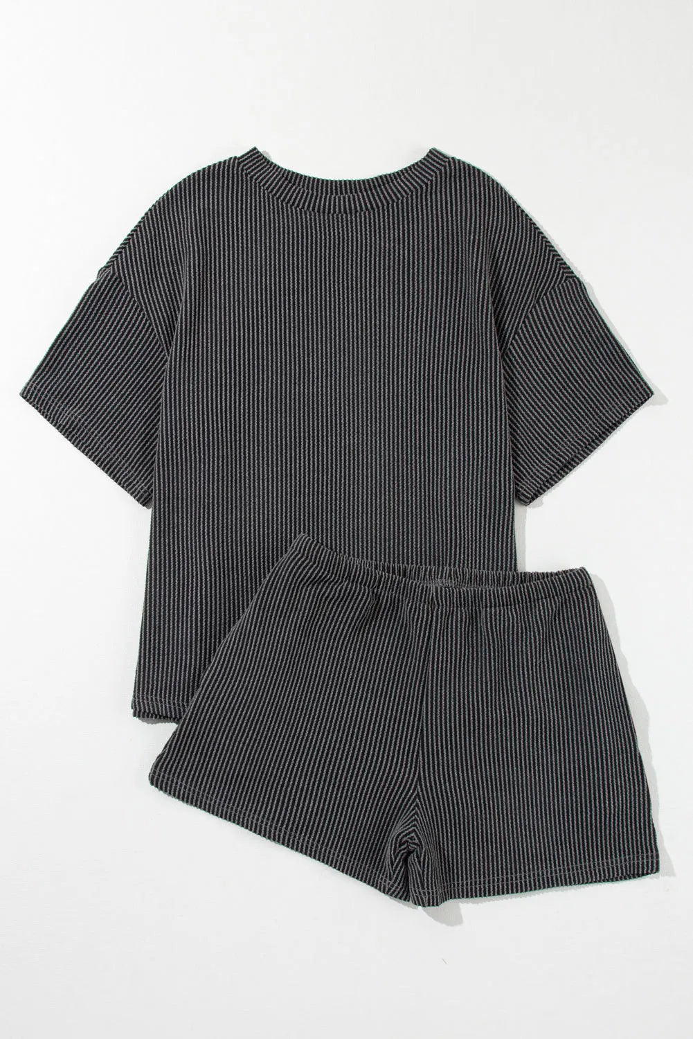 Carbon Grey Ribbed Textured Knit Loose Fit Tee and Shorts Set - Chic Meadow Boutique 