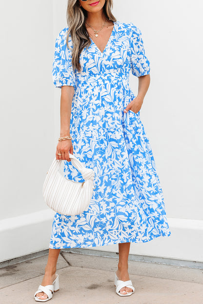 Sky Blue Floral V Neck Puff Short Sleeve Flowy Long Dress