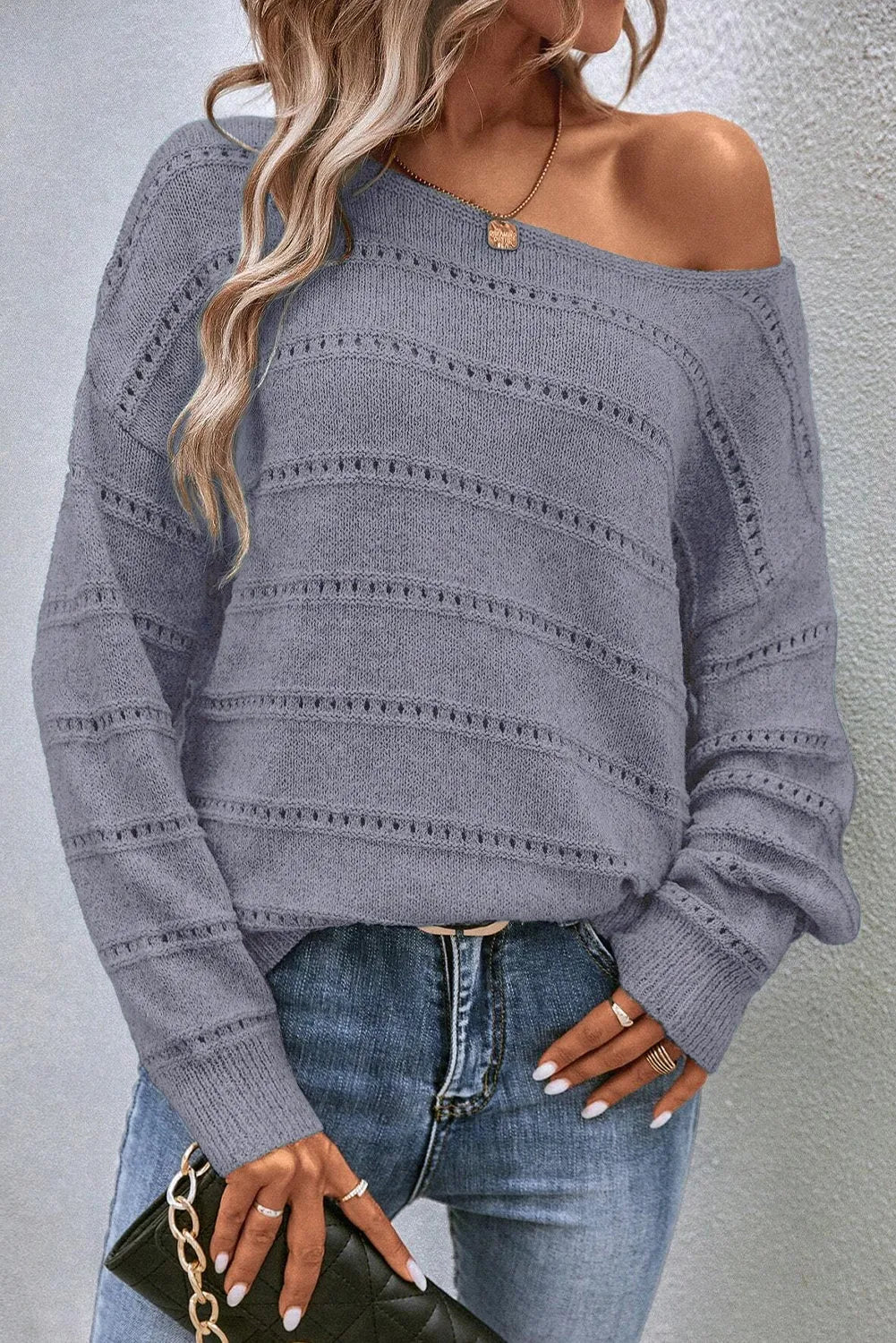 Light Grey Boat Neck Drop Shoulder Pointelle Knit Sweater - Chic Meadow Boutique 