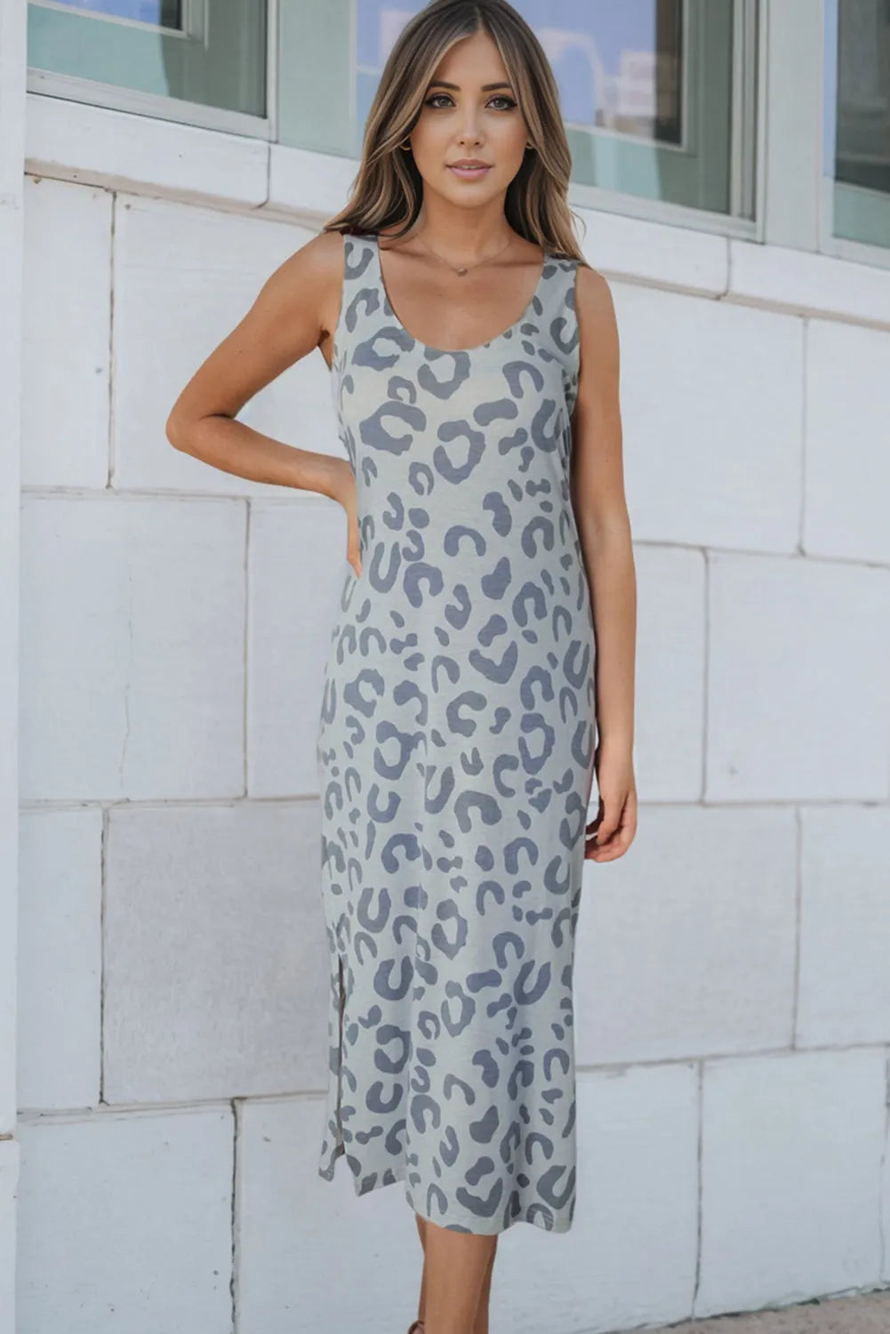 Gray Leopard Print Sleeveless Maxi Dress - Chic Meadow Boutique 