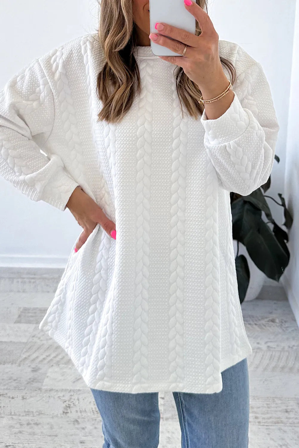 White Cable Textured Long Sleeve Round Neck Top - Chic Meadow Boutique 