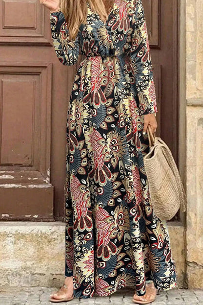 Black Floral Print V Neck Wrap High Waist Maxi Dress - Chic Meadow Boutique 