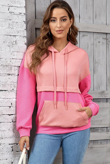 Pink Textured Color Block Kangaroo Pocket Drop Shoulder Hoodie - Chic Meadow Boutique 