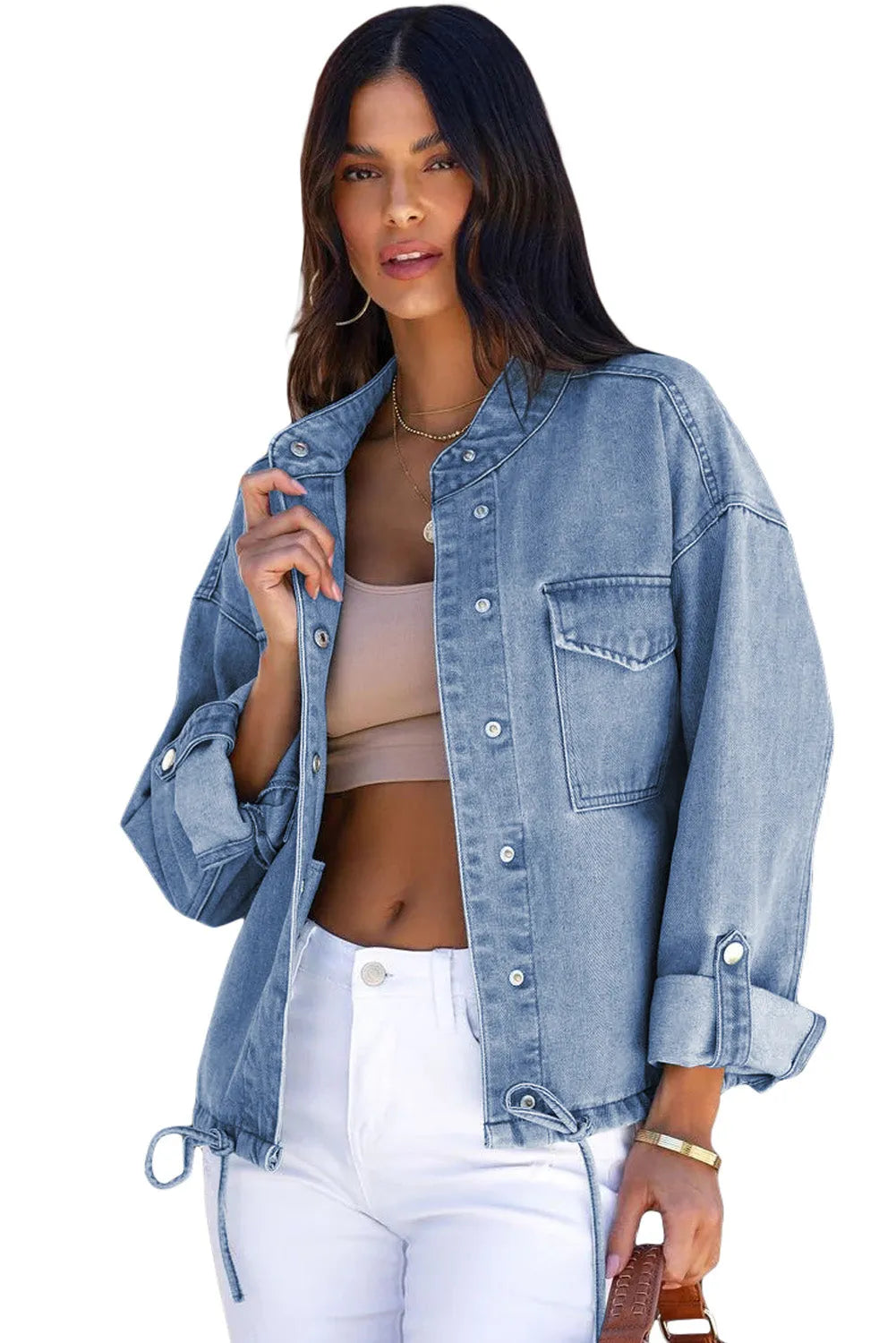 Sky Blue Roll-Up Tab Sleeve Button Down Pocket Denim Jacket - Chic Meadow Boutique 