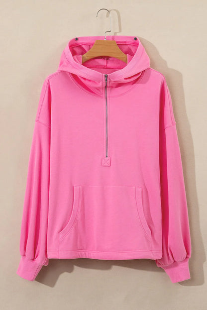 Bonbon Solid Kangaroo Pocket Half Zipper Oversized Hoodie - Chic Meadow Boutique 