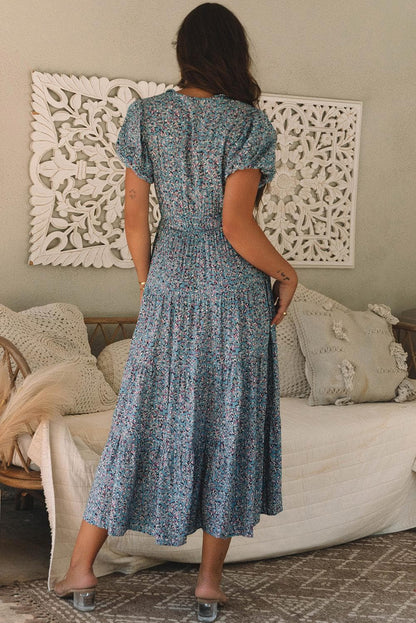 Dresses/Maxi Dresses Blue Printed V Neck Shirred Short Puff Sleeve Maxi Dress