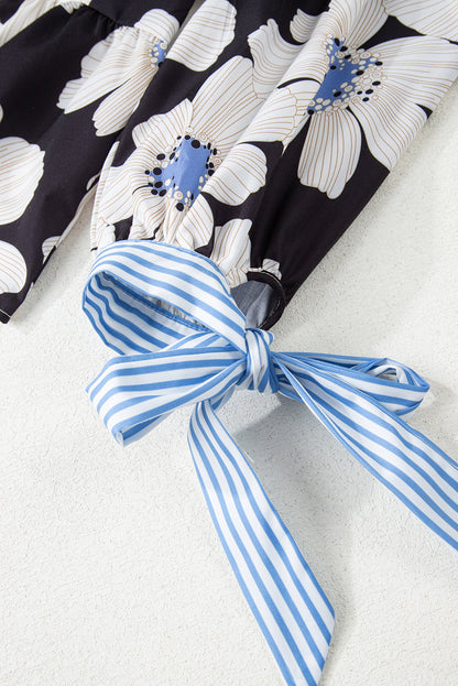 Black Floral Print Striped Tie Sleeve Collared V Neck Blouse