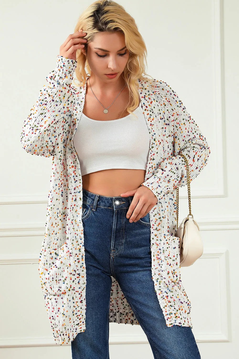 White Rainbow Popcorn Speckles Open Front Cardigan - Chic Meadow Boutique 