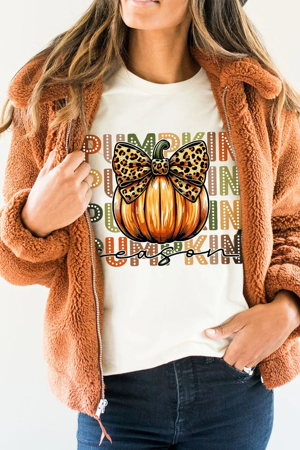 White PUMPKIN Season Leopard Bow Print Crew Neck T Shirt - Chic Meadow Boutique 