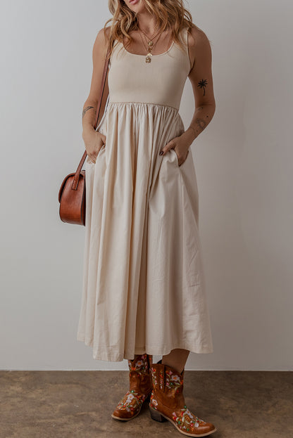 Beige Scoop Neck Ribbed Bodice Pleated Sleeveless Long Dress