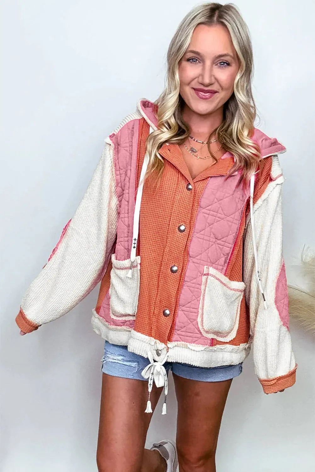 Coral Quilted Textured Patchwork Loose Fit Hooded Jacket - Chic Meadow Boutique 