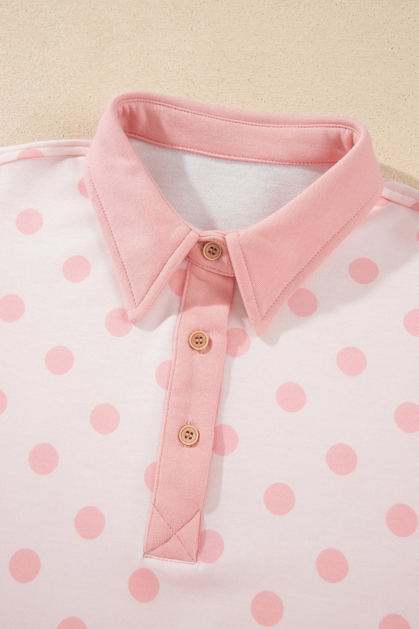 Pink Polka Dot Drop Shoulder Polo Loose Pullover Patch Pocket Casual Shorts Set