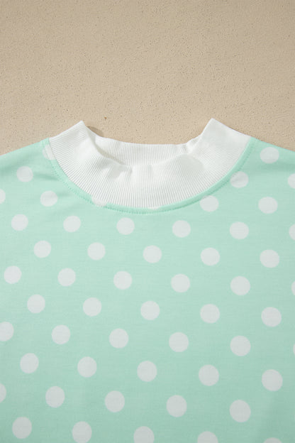 Green Polka Dot Print Color Block Trim Mock Neck Short Set