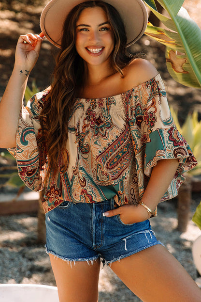 Apricot Paisley Printed Shirred Off Shoulder Ruffled Draped Sleeve Blouse