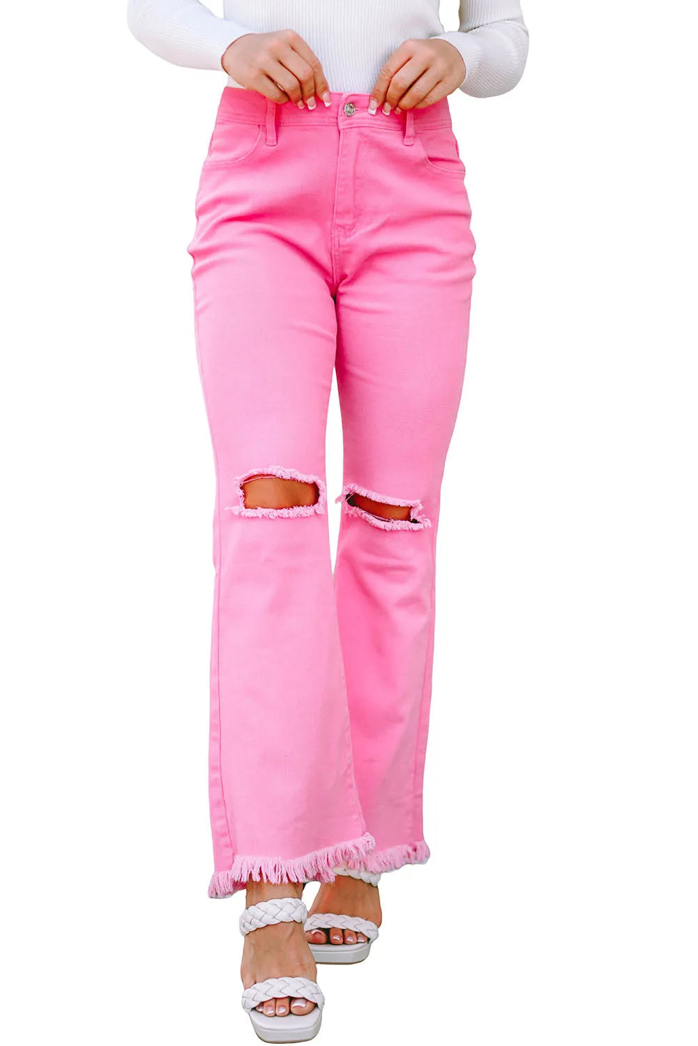 Pink Vintage High Waist Flare Leg Ripped Raw Hem Jeans - Chic Meadow Boutique 