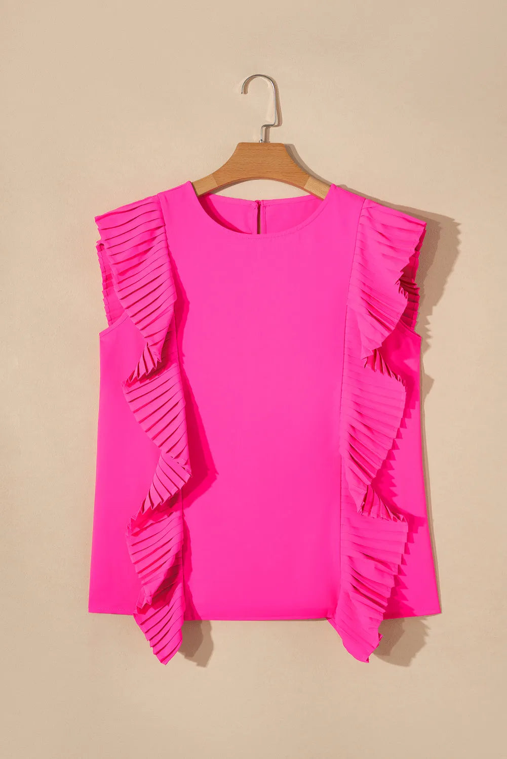 Bright Pink Pleated Ruffle Patchwork Sleeveless Blouse - Chic Meadow Boutique 