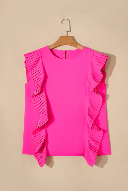 Bright Pink Pleated Ruffle Patchwork Sleeveless Blouse - Chic Meadow Boutique 