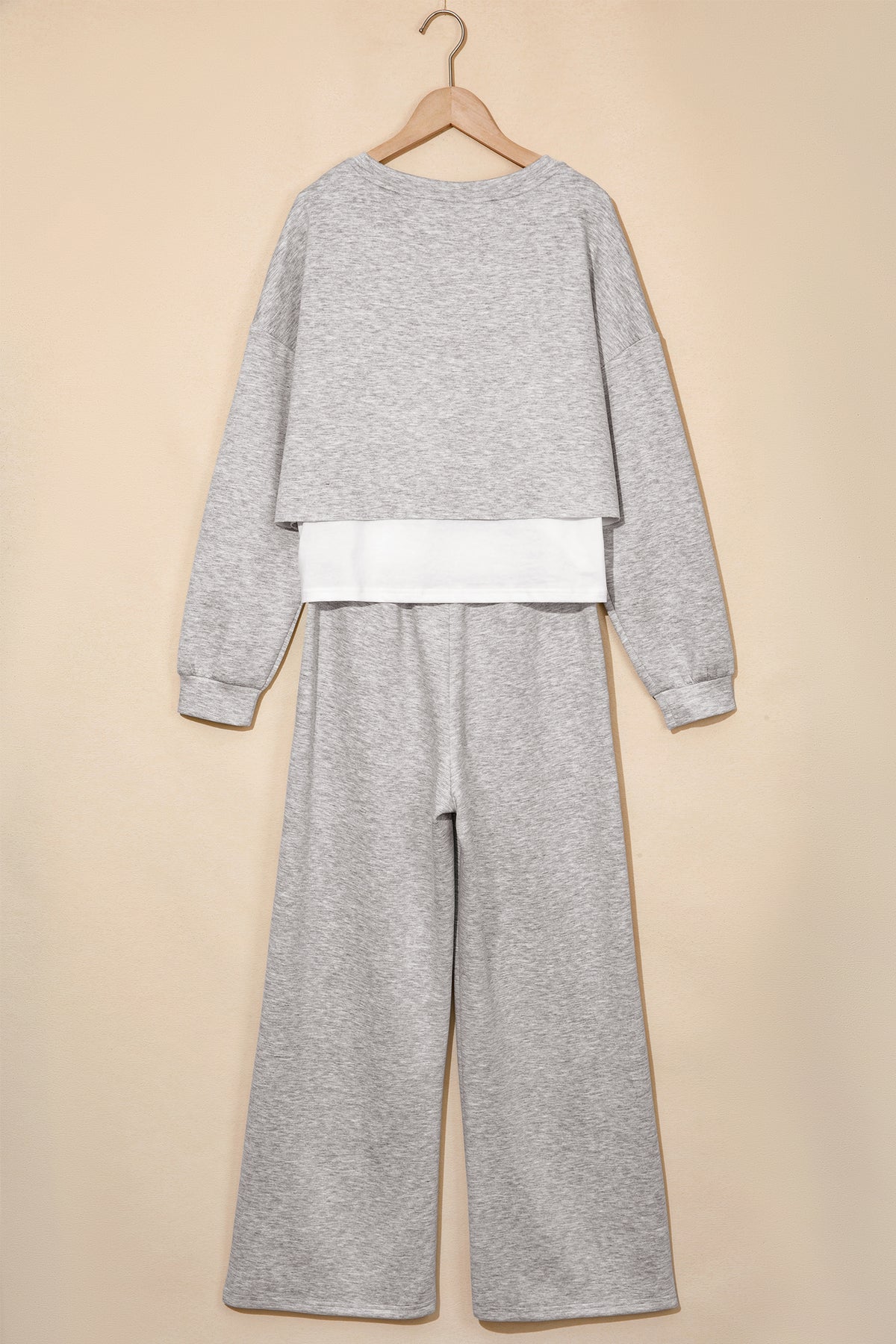 Gray Color Contrast Overlay Long Sleeve Top Drawstring Loose Pant Set