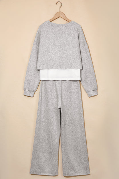 Gray Color Contrast Overlay Long Sleeve Top Drawstring Loose Pant Set