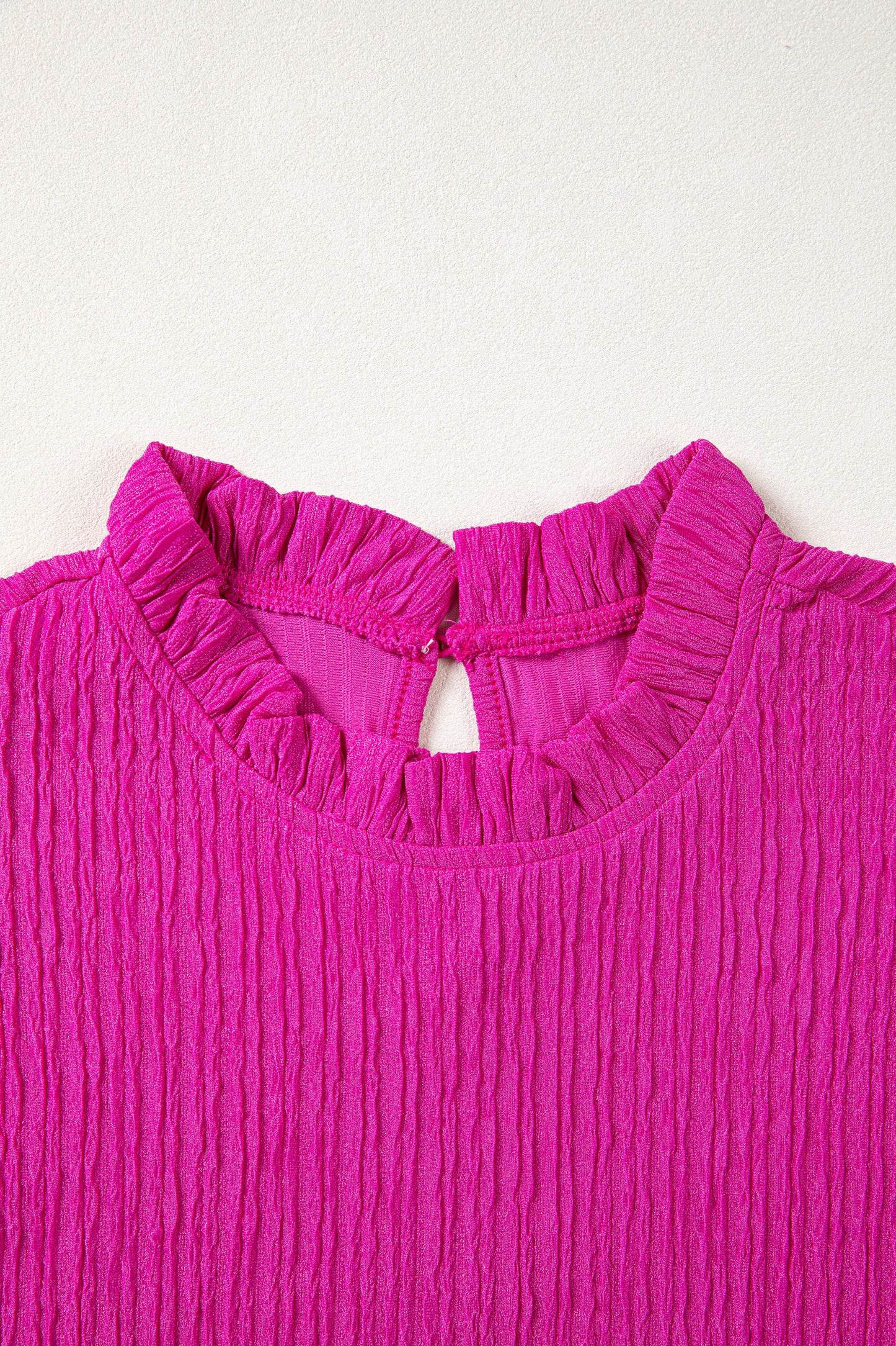 Rose Red Solid Color Textured Ruffle Trim Short Sleeve Blouse